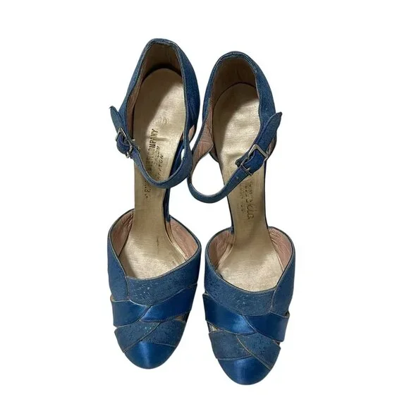 Vintage 1930s Cornelia Handmade Blue Silk Ankle Strap Pumps Rike-Kumler Dayton